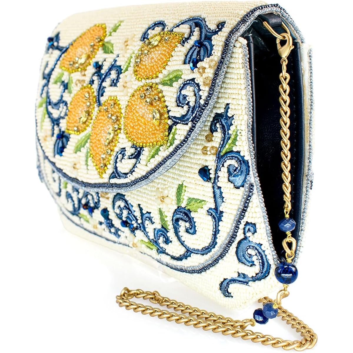 Mary Frances Capri Lemons Beaded Crossbody Handbag – Lemon Fruit Embroidered Evening Clutch Purse With Removable Chain Strap, Multicolor