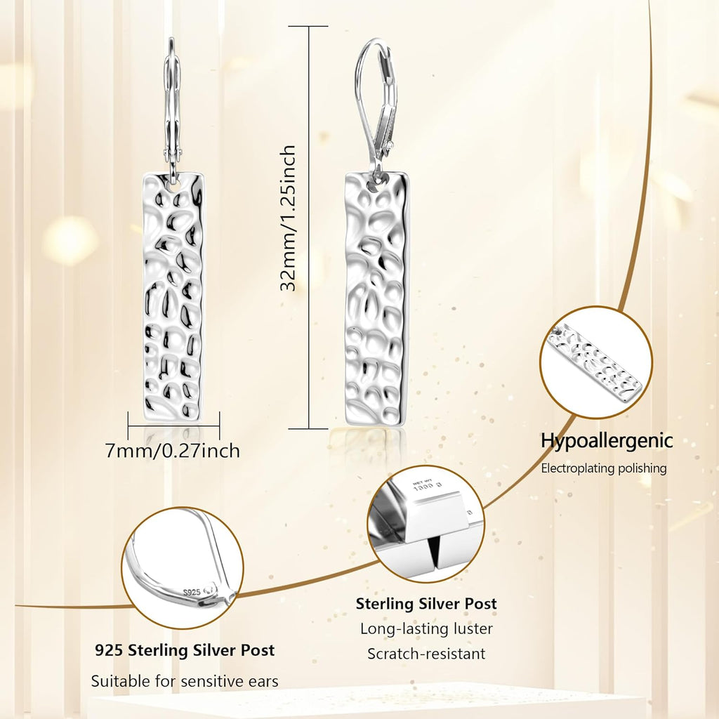ALEXCRAFT 925 Sterling Silver Dangle Earrings for Women, 14K Gold Plated French Leverback Earrings, Hypoallergenic Lightweight Statement Hammer Square Bar Long Drop Earing for Women Trendy Jewelry