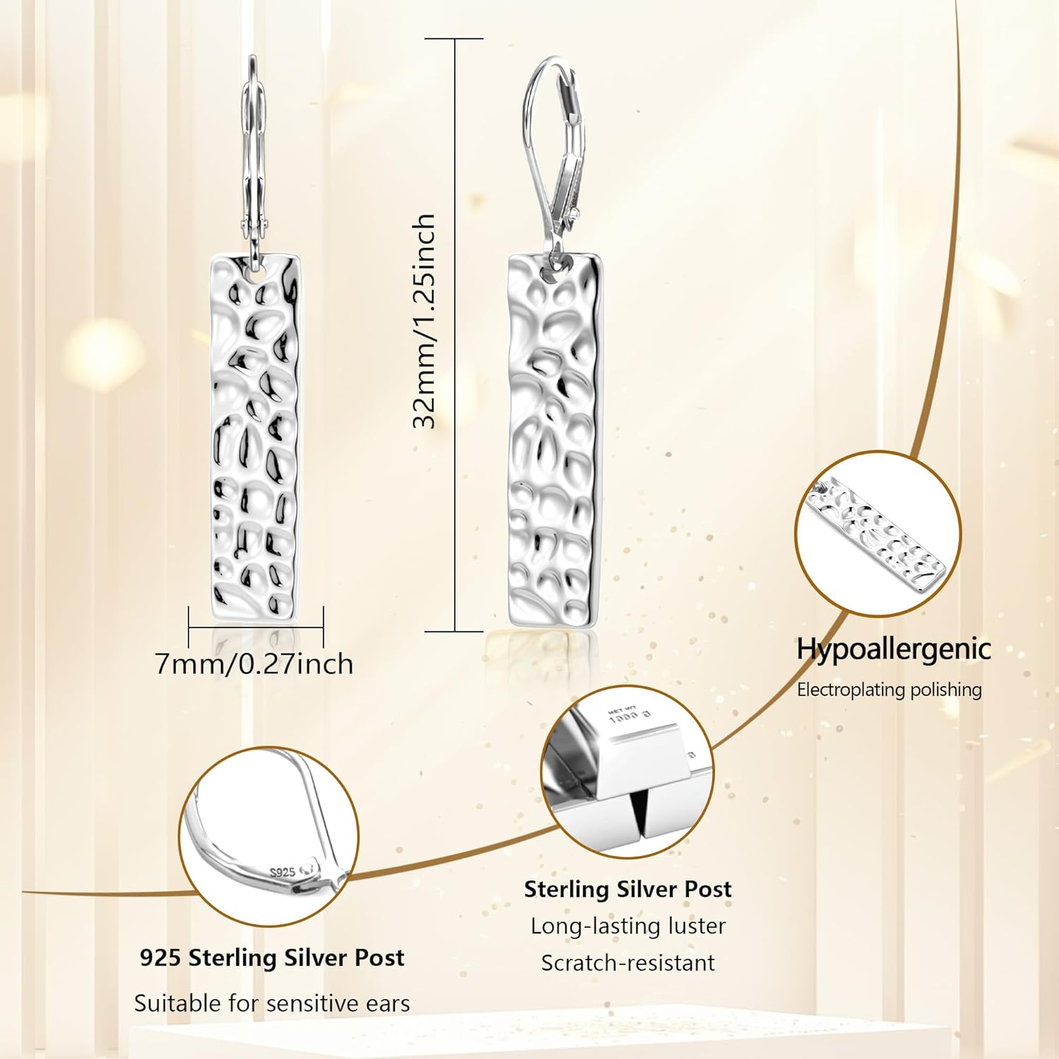 ALEXCRAFT 925 Sterling Silver Dangle Earrings for Women, 14K Gold Plated French Leverback Earrings, Hypoallergenic Lightweight Statement Hammer Square Bar Long Drop Earing for Women Trendy Jewelry