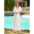 Kutumai Summer Maxi Dresses For Women 2026 V Neck Short Sleeve Bow Tie Flowy Long Formal Wedding Guest Dress With Pockets
