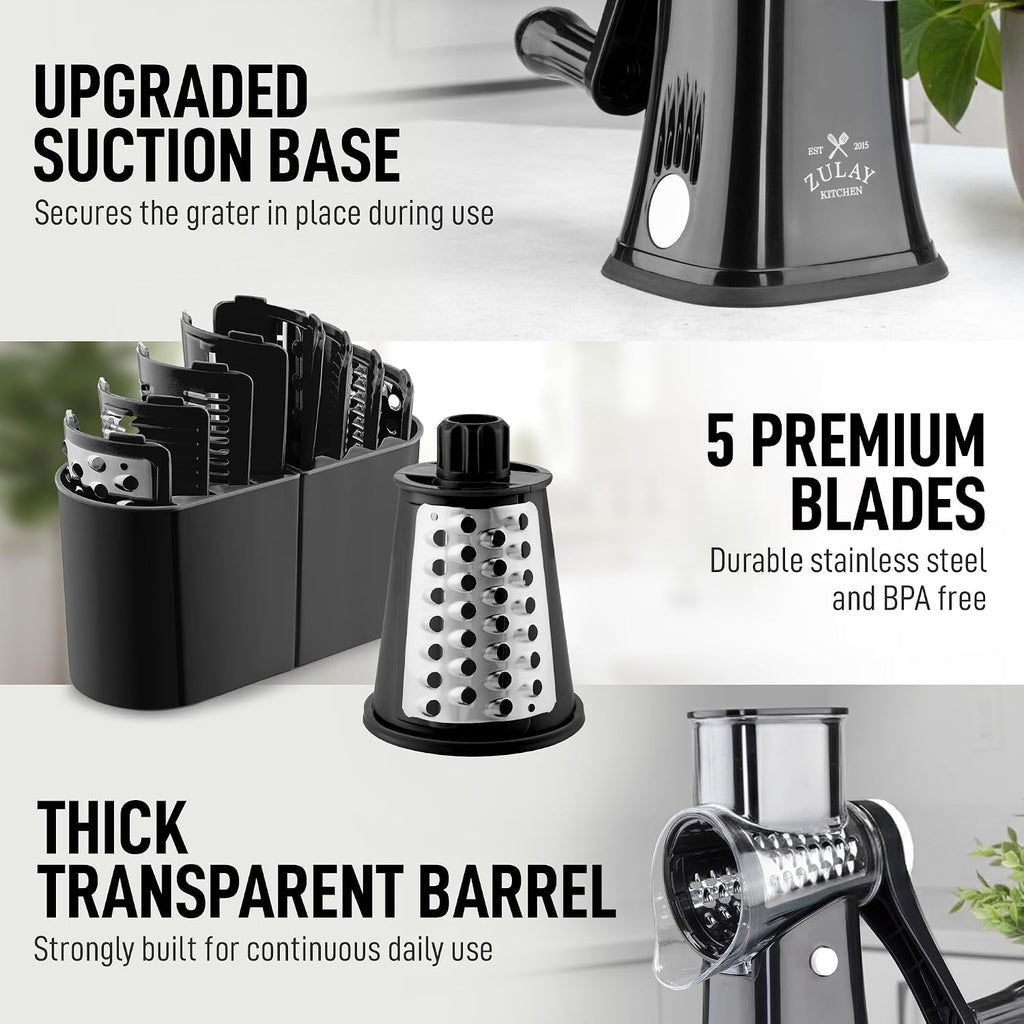 Zulay Kitchen Rotary Cheese Grater 5 Blade Cheese Shredder - Manual Hand Crank Cheese Grater With Reinforced Suction & 5 Interchangeable Drums - Easy To Use, Vegetable Chopper Round Mandoline Slicer