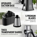Zulay Kitchen Rotary Cheese Grater 5 Blade Cheese Shredder - Manual Hand Crank Cheese Grater With Reinforced Suction & 5 Interchangeable Drums - Easy To Use, Vegetable Chopper Round Mandoline Slicer