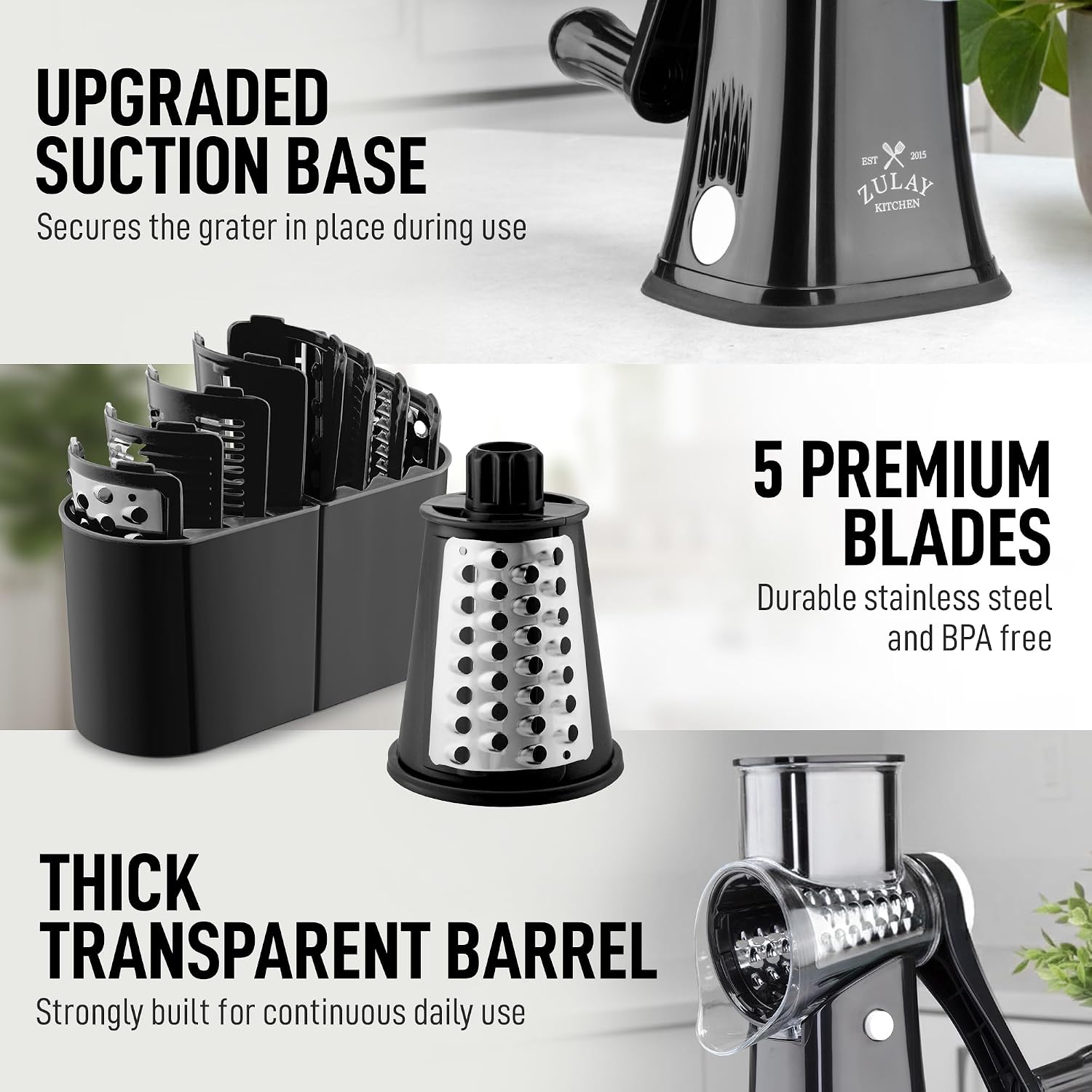 Zulay Kitchen Rotary Cheese Grater 5 Blade Cheese Shredder - Manual Hand Crank Cheese Grater With Reinforced Suction & 5 Interchangeable Drums - Easy To Use, Vegetable Chopper Round Mandoline Slicer