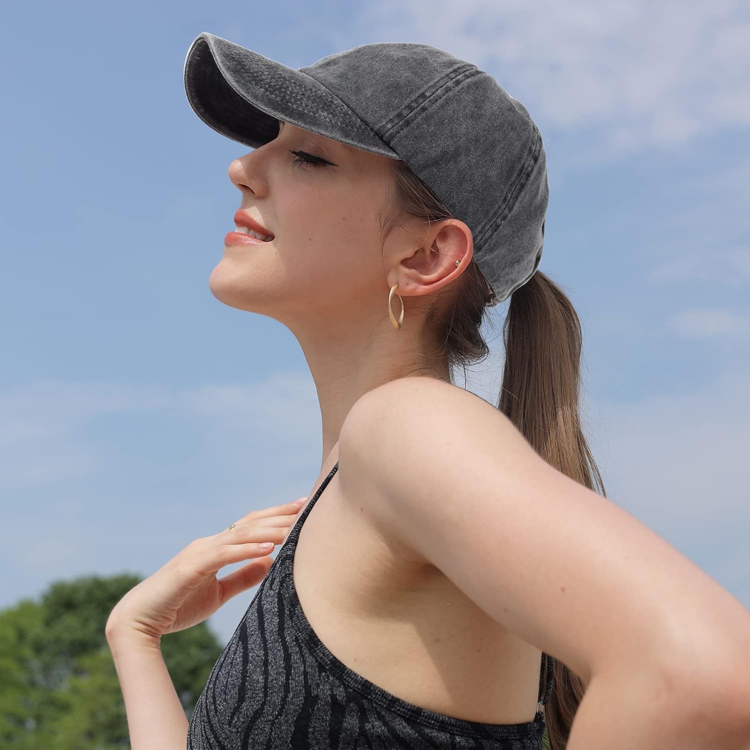 HH HOFNEN Ponytail Hats Womens Washed Distressed Baseball Cap High Ponycaps Cotton Dad Hat with Ponytail Hole #1 Black