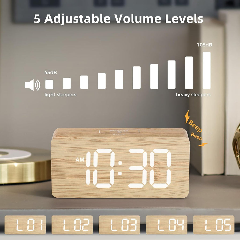 Uscce Wooden Digital Alarm Clocks For Bedrooms With 0-100% Dimmable Display | Desk Clock With Large Numbers For Living Room - Loud Dual Alarm For Heavy Sleepers With Volume Control - Wood Decor & Gifts
