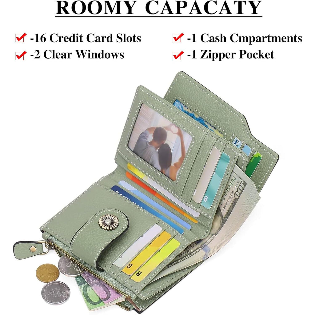 Women'S Lightweight Genuine Leather Wallet, Includes Card Holders, Rfid-Blocking, Lightweight, Photo & Id Holder, Green