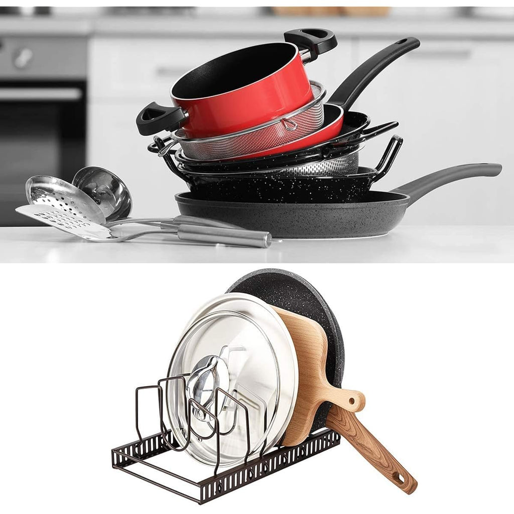 Toplife Pot Lids Organizer Rack For Cabinet And Countertop, 7+ Pan Lids And Bakeware Organizer Rack Holder With 7 Adjustable Compartments - Brown