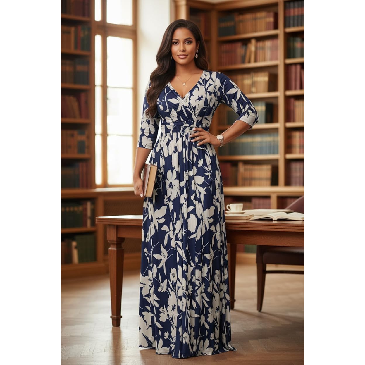 Yajedo Womens Casual Summer Maxi Dress Plus Size Sexy Wrap V Neck 3/4 Sleeve Sundress With Pockets