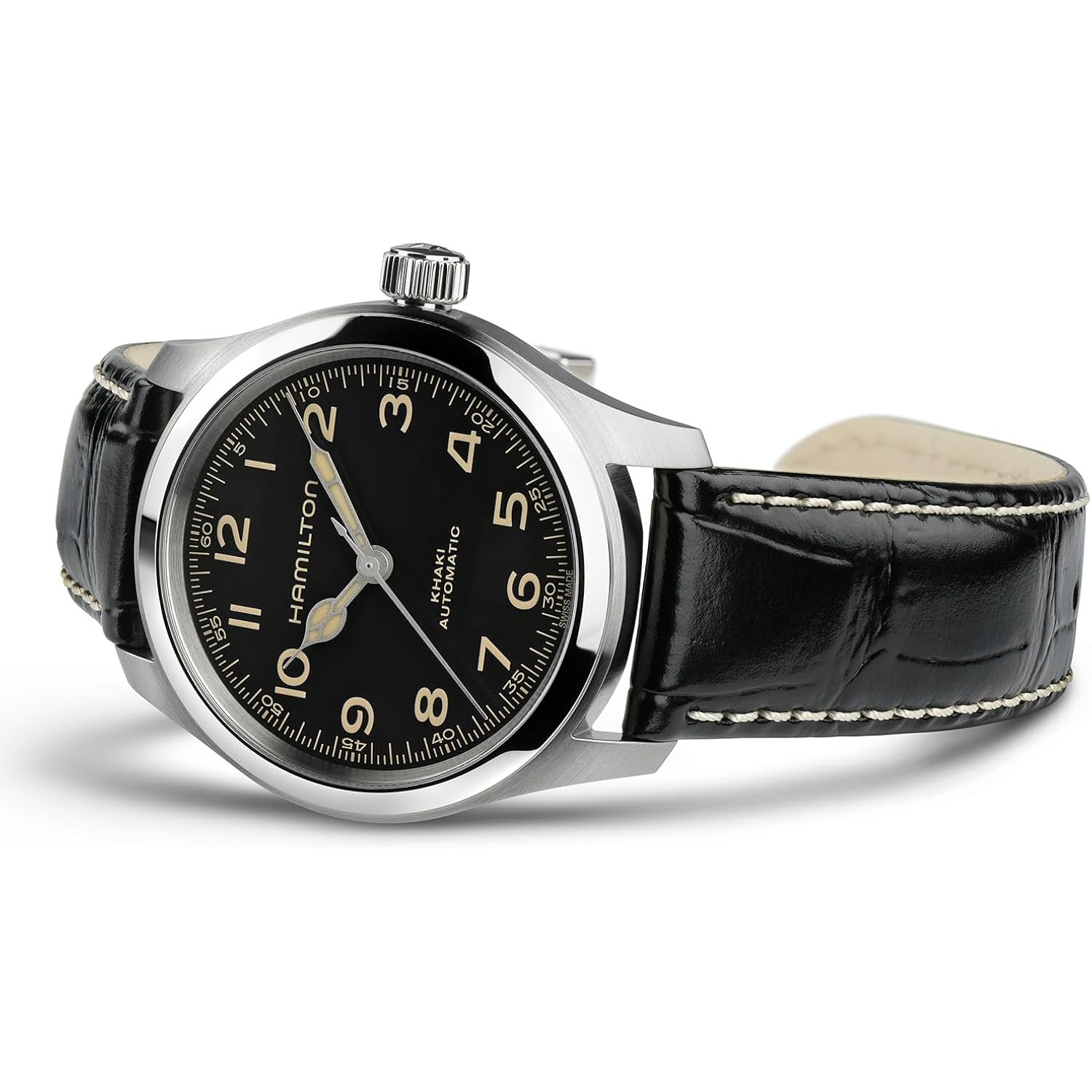 Hamilton Khaki Field Murph Automatic Men'S Watch, 38Mm Stainless Steel Case, Swiss Made, Black Dial Analog Wrist Watch For Men, 100M Waterproof, Sapphire Crystal, 3-Hand Movement, Cow Leather Strap