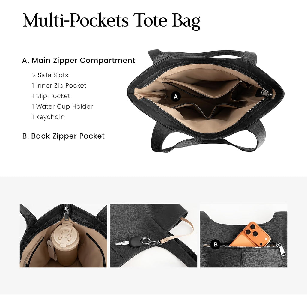 Befen Soft Genuine Leather Tote Bag For Women, Slouchy Casual Zipper Work Tote Shoulder Bags Travel Purse With Cup Holder