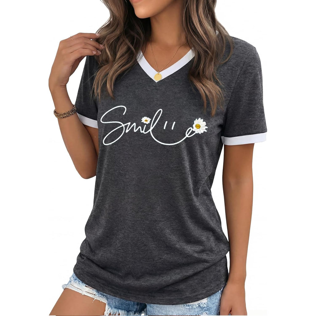YEXIPO Womens T Shirts Graphic Tees Spring Short Sleeve V Neck Funny Letter Print Casual Loose Cute Summer Tops Grey Smile