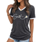 YEXIPO Womens T Shirts Graphic Tees Spring Short Sleeve V Neck Funny Letter Print Casual Loose Cute Summer Tops Grey Smile