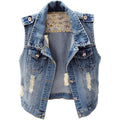 Womens Denim Jean Vest Classic Junior Button Up Cropped Distressed Sleeveless Jean Jacket