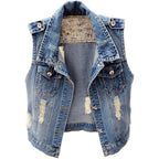 Womens Denim Jean Vest Classic Junior Button Up Cropped Distressed Sleeveless Jean Jacket