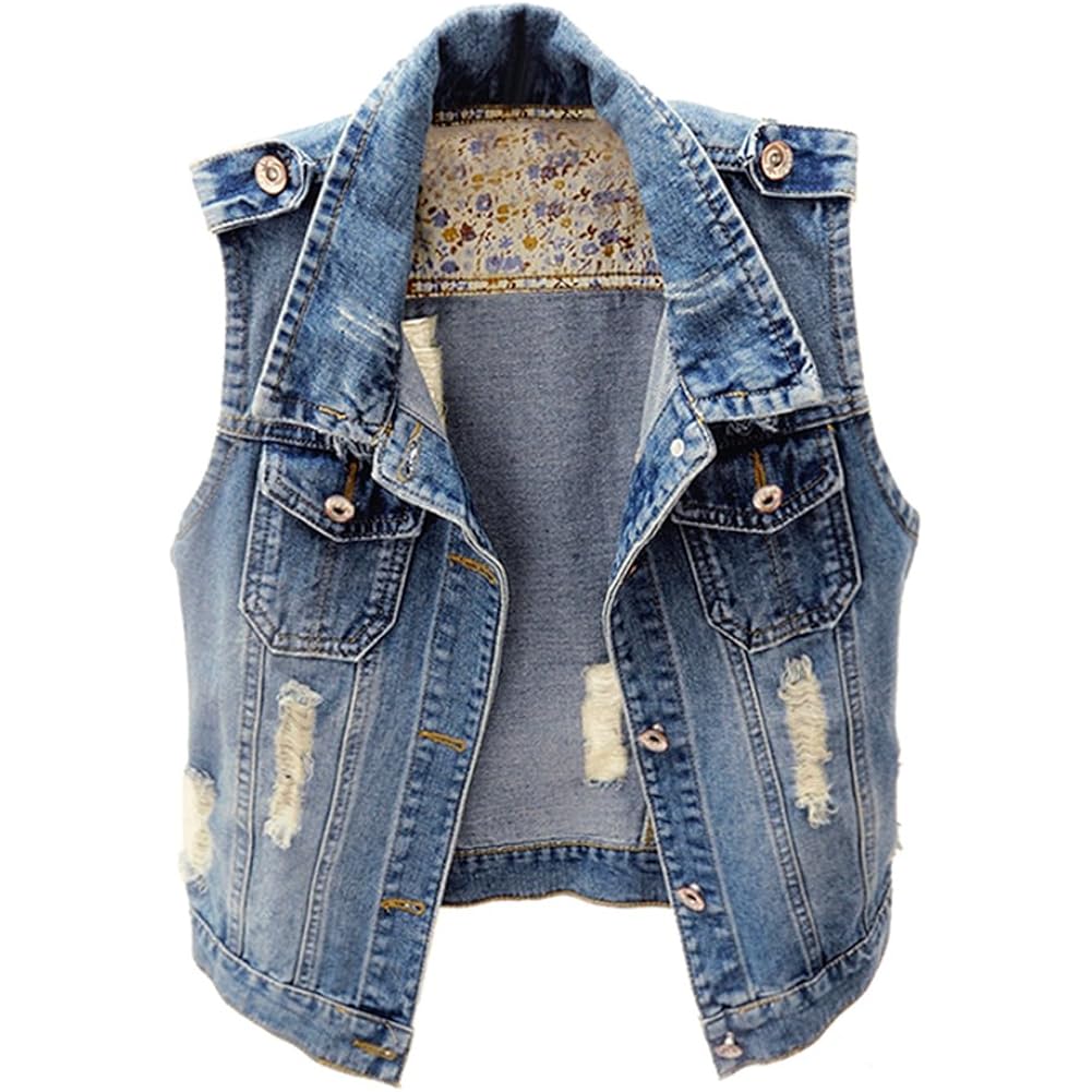 Womens Denim Jean Vest Classic Junior Button Up Cropped Distressed Sleeveless Jean Jacket