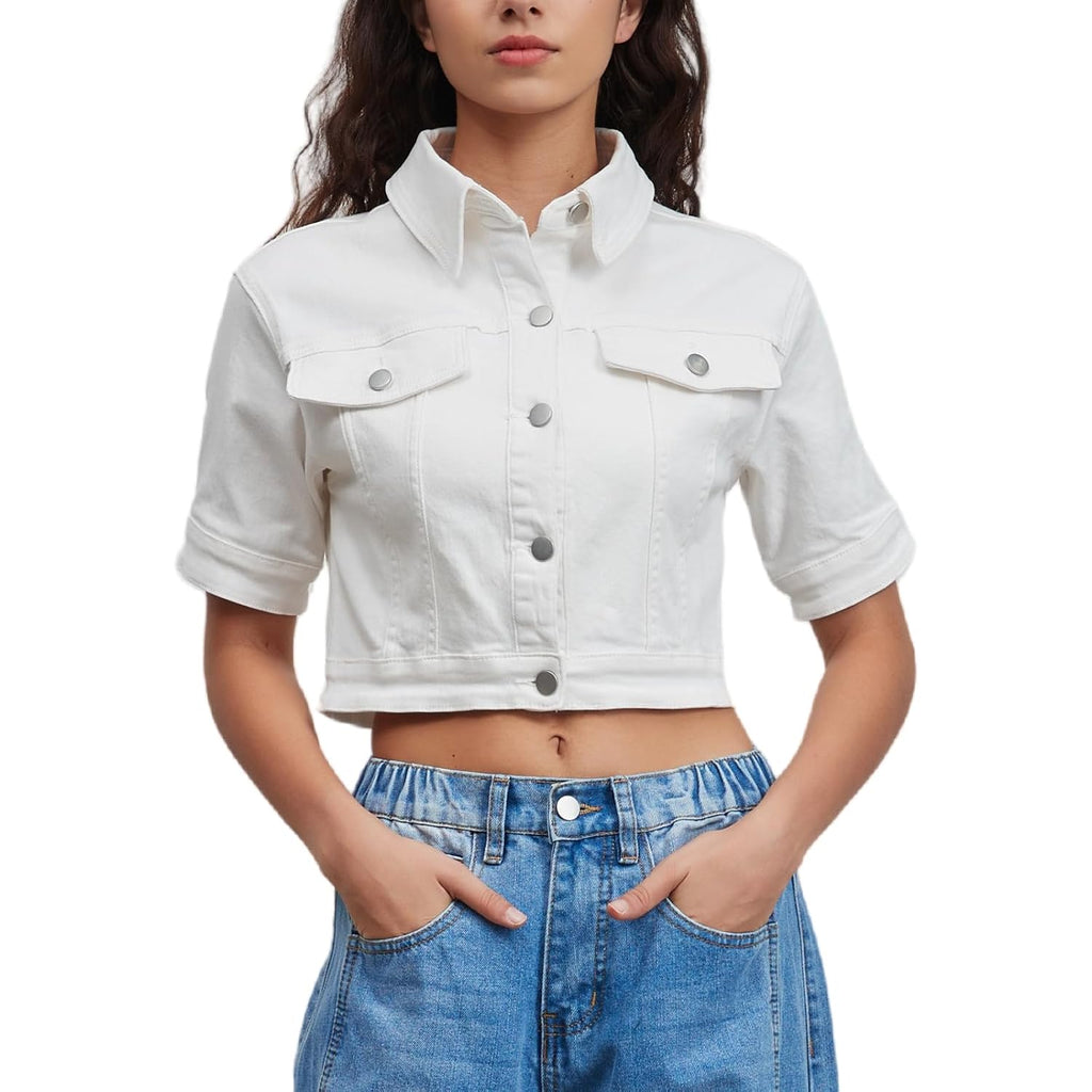 Women Cropped Denim Jacket Short Sleeves Button Down Jean Jackets Trucker Coats
