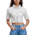Women Cropped Denim Jacket Short Sleeves Button Down Jean Jackets Trucker Coats