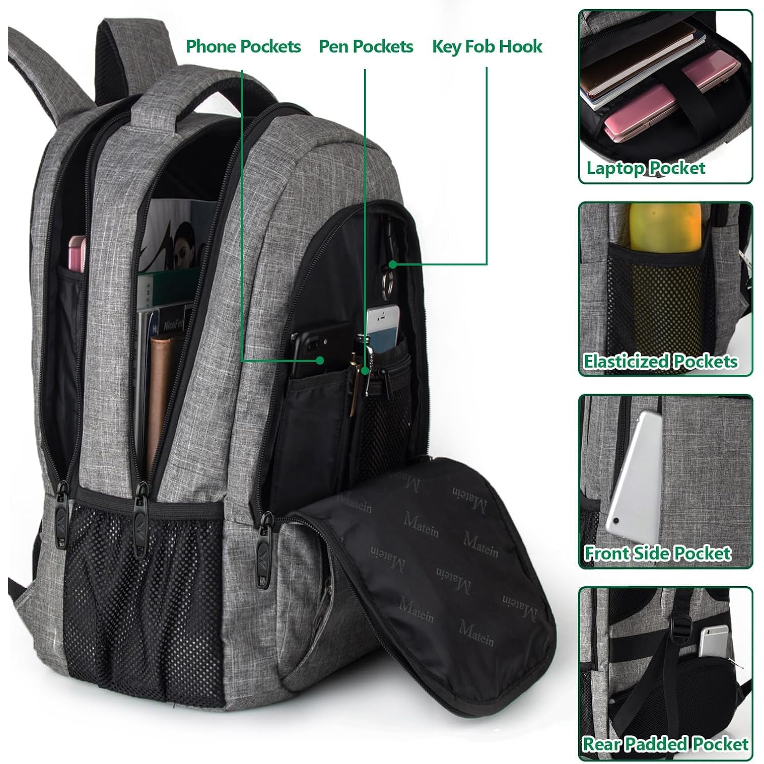 Matein Travel Laptop Backpack, 15.6 Inch College School Computer Bag, Grey | Slim Sturdy Business Daypack, Anti Theft Bookbag, Water Resistant, Gift For Men & Women, Personal Item Bag, Mochilas