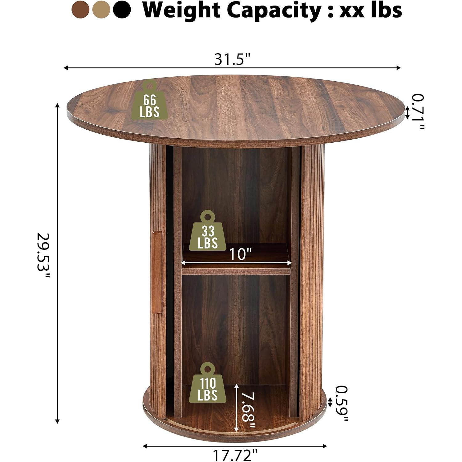 31.5" Round Dining Table For 2-4, Modern Farmhouse Kitchen Table With 2-Tier Storage Shelf, Small Wooden Circle Dining Tables With Fluted Base For Home Dining Room Living Room (Walnut)