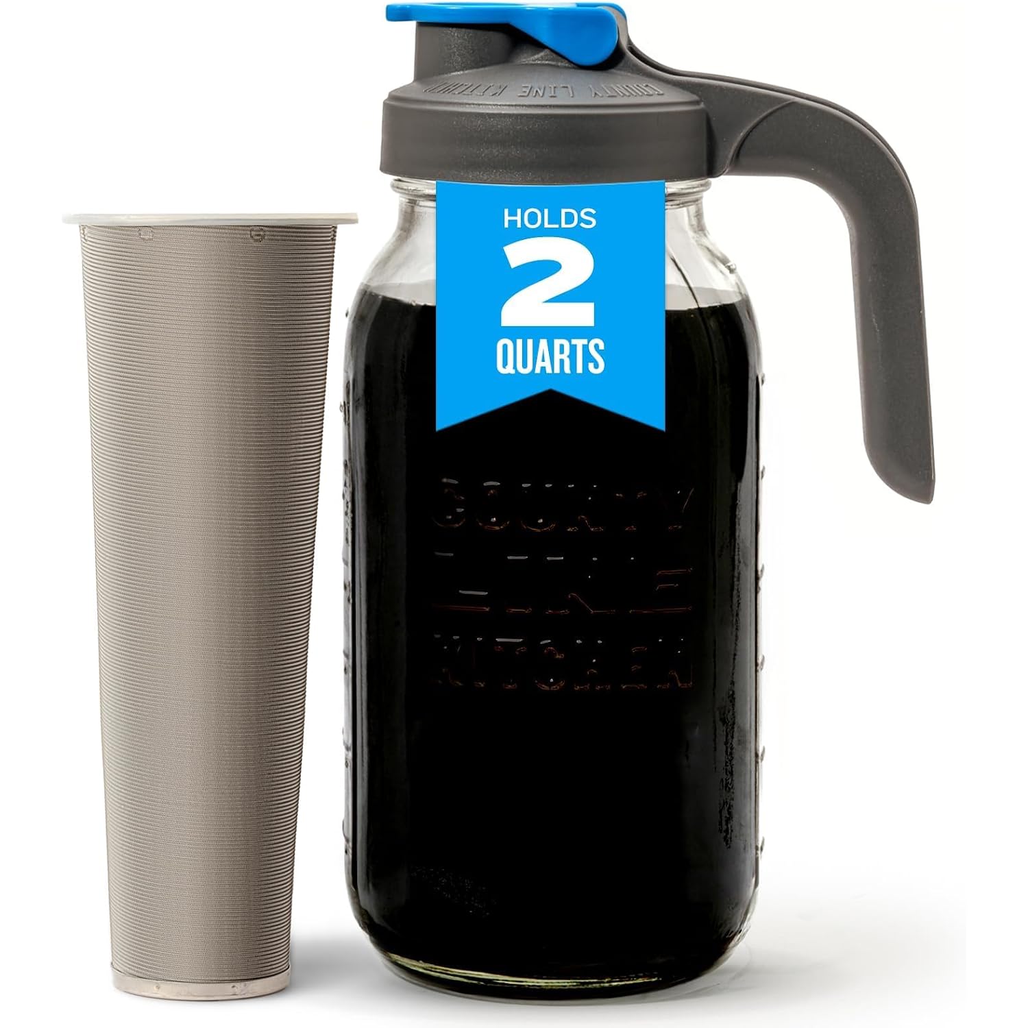 County Line Kitchen 64 Oz Glass Cold Brew Coffee Maker With Leak-Proof Lid, Wide Mouth Mason Jar - Iced Coffee And Tea Pitcher - Gray