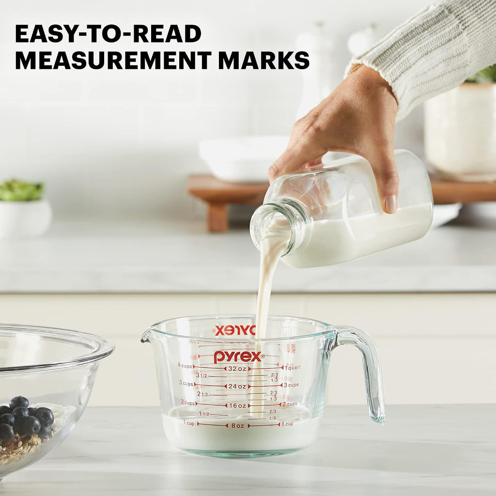 Pyrex 4-Cup Glass Measuring Cup For Baking And Cooking, Dishwasher, Freezer, Microwave, And Preheated Oven Safe, Essential Kitchen Tools