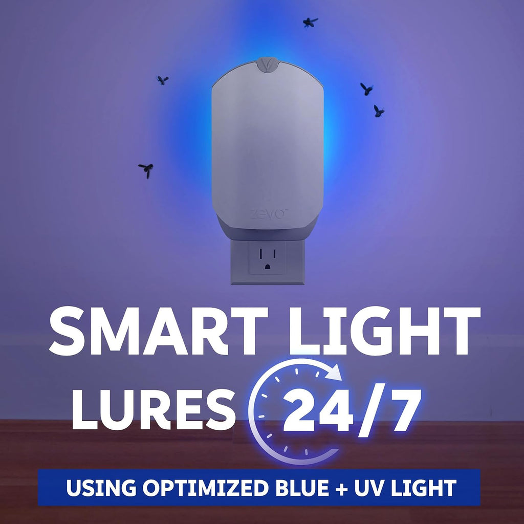 Zevo Flying Insect Traps - Plug-In Indoor Fly Trap And Bug Light Trap Refill With Blue And Uv Light - No-Mess Cartridge For House Flies, Fruit Fly Trap And Gnats (2 Plug-In Bases And 2 Cartridges)
