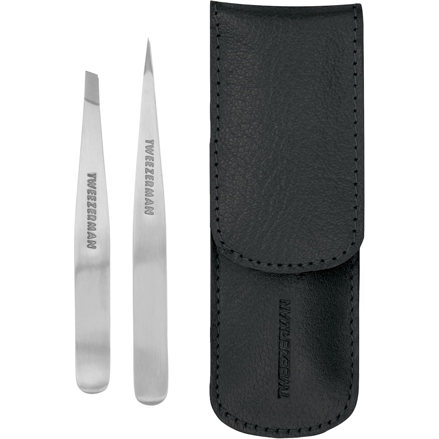 Tweezerman Petite Tweeze Set with Travel Case - Point and Slant Tweezers, Tweezers for Travel (Black Case)