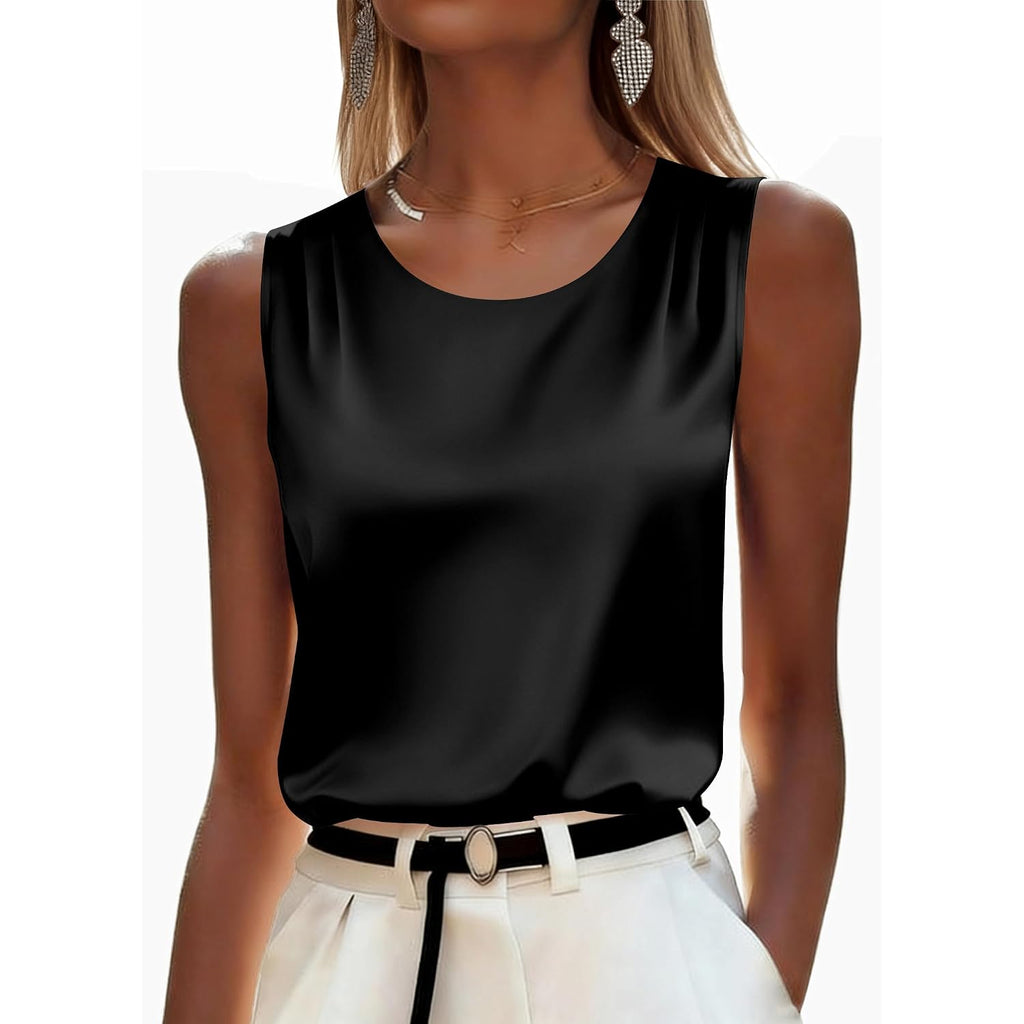 Zeagoo Womens Satin Tank Top Pleated Sleeveless Blouse Dressy Casual Tops Crewneck Silk Shirts Business Summer Clothes