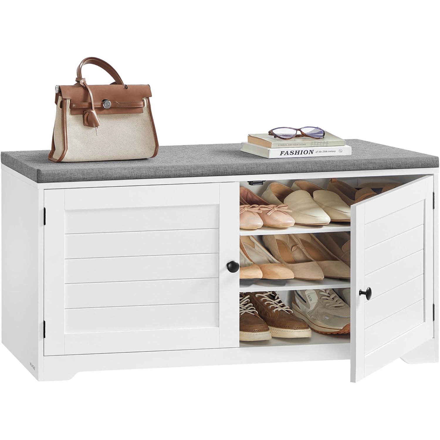 Vasagle Shoe Storage Bench With Cushion, 3-Tier Entryway Bench With Padded Seat, Doors, Adjustable Shelves, 14 X 39.8 X 20.7 Inches, For Hallway, Bedroom, Cloud White And Dove Gray Ulsb044W01