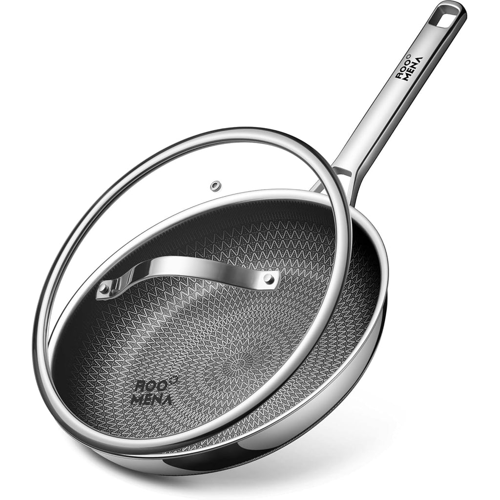 Frying Pans Non Stick, Hybrid Ceramic With Lid, 12 Inch Tri-Ply Stainless Steel Skillet, Non-Toxic, PFAS/PFOA/PTFE Free, Metal Utensil Safe, Dishwasher & Oven Safe