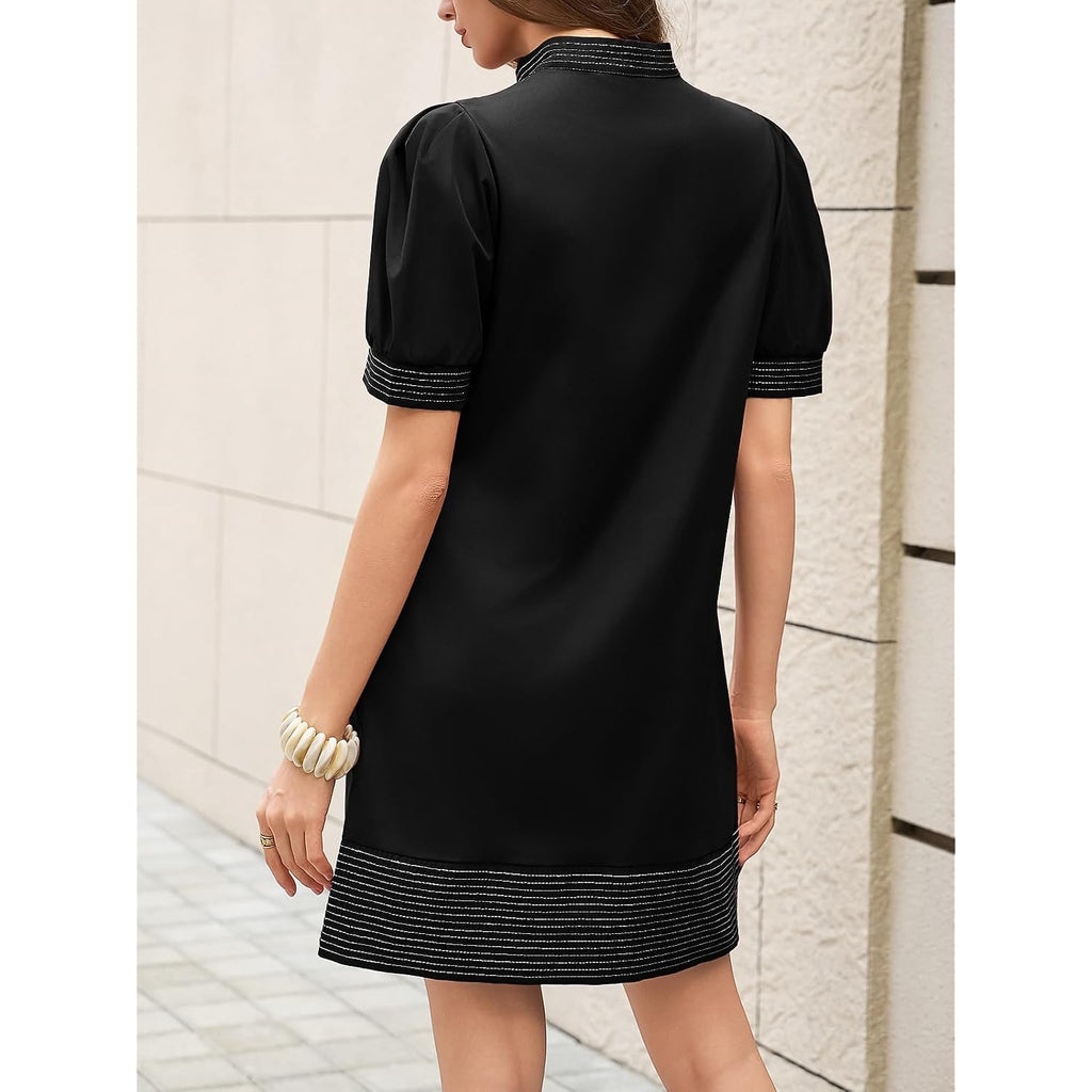Wenrine Womens Summer V Neck Shift Dresses Casual Puff Short Sleeve Color Block Short Boho Beach Dresses With Pockets
