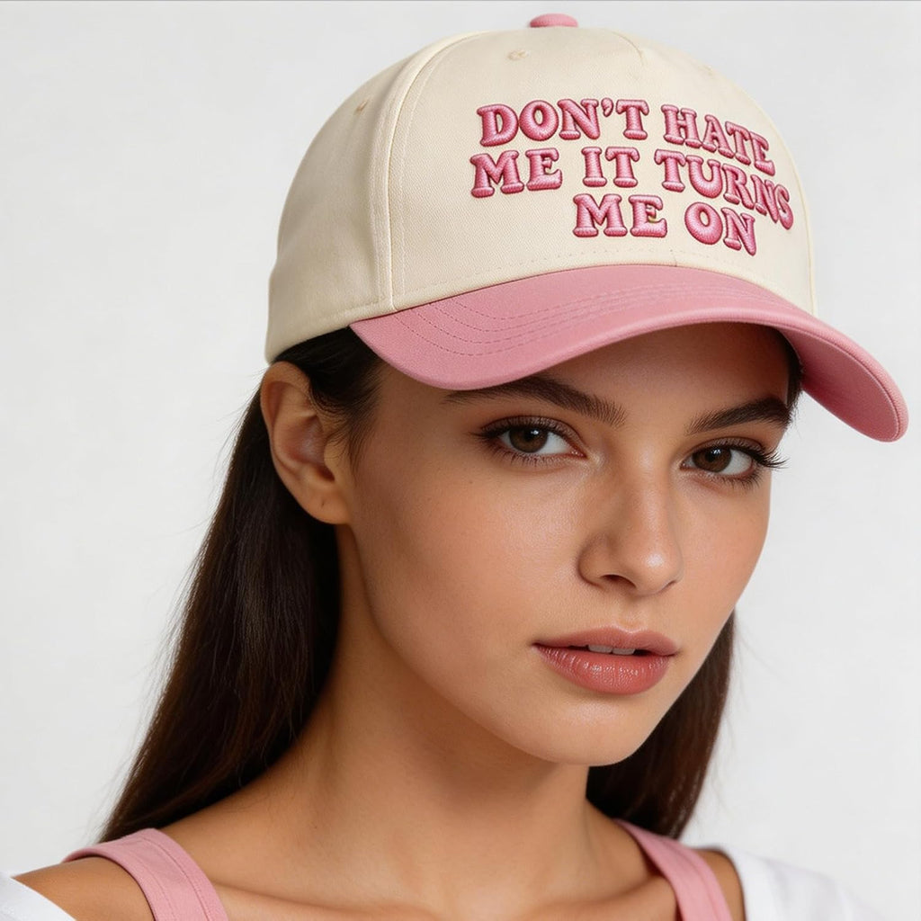 Vintage Canvas Embroidery Funny Hats Put It On My Husband's Tab Hat Adjustable Baseball Cap for Men Women Don't Hate Me It Turns Me on Pink