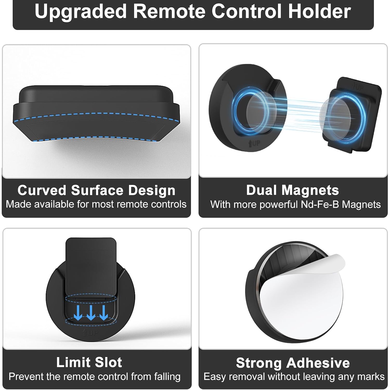 Magnetic Remote Control Holder Wall Mount, 4 Pack Tv Remote Control Holder For Fan/Air Conditioner, Self-Adhesive Bedside Caddy For Tv Backside/Bedroom/Office/Rv Home Organizer Storage(Black)