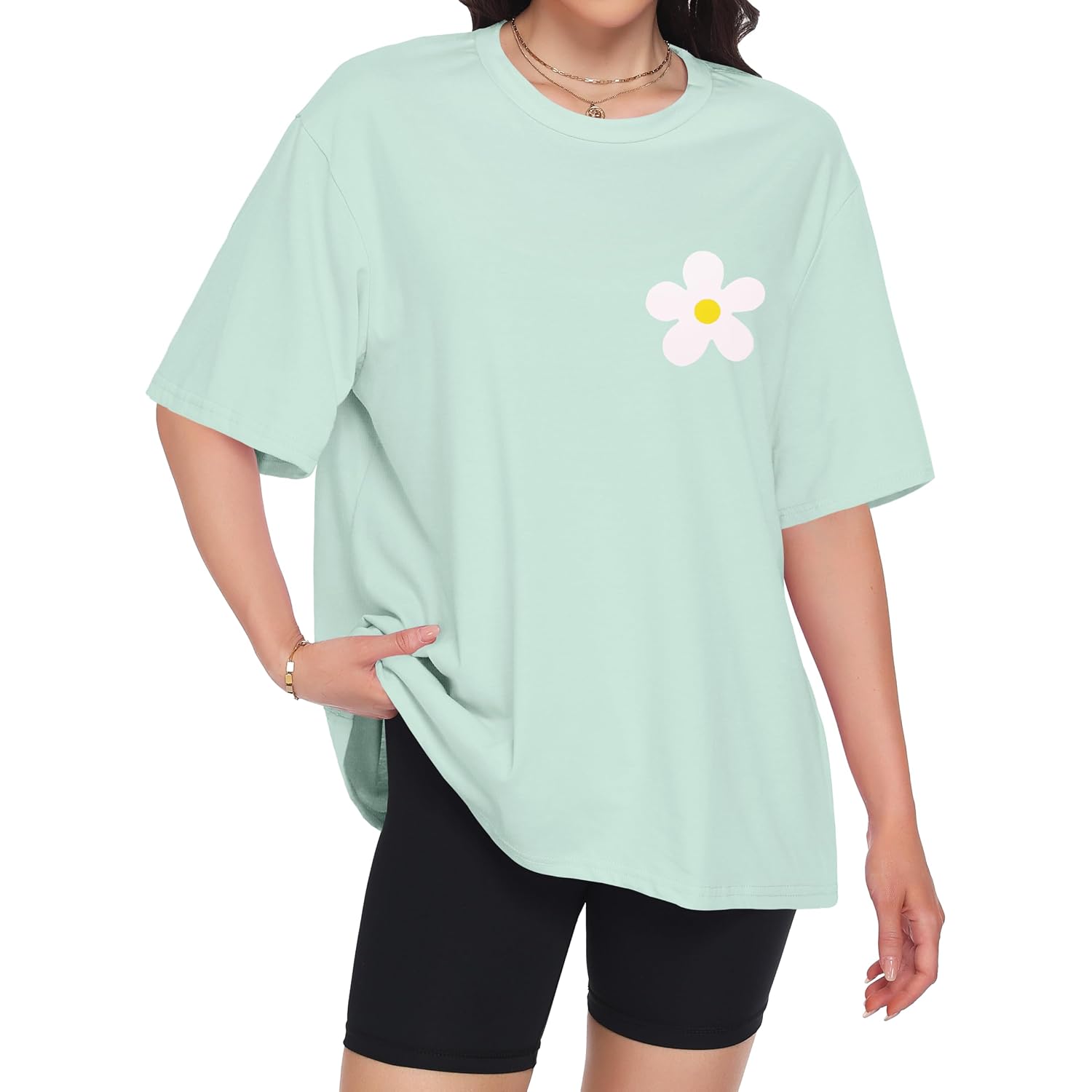 ADOREJOY Oversized Tshirts for Women Crewneck Summer Graphic Tees Short Sleeve Loose Basic Tops 2026 C Light Green Flower
