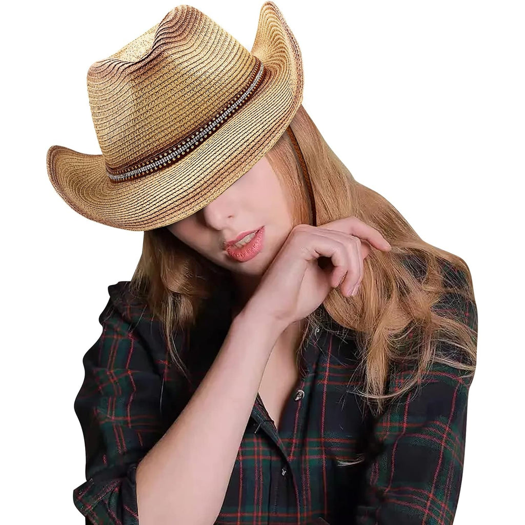 Mens Straw Cowgirl Cowboy Hat Women Floppy Packable Wide Brim Sun Hat UPF50 Western Panama Travel Beach Cap Fedora Bucket Hat Beige