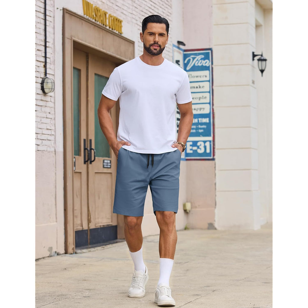 Coofandy Mens Casual Shorts Cotton Drawstring Elastic Waist Lightweight 9" Chino Golf Shorts Summer Beach Shorts