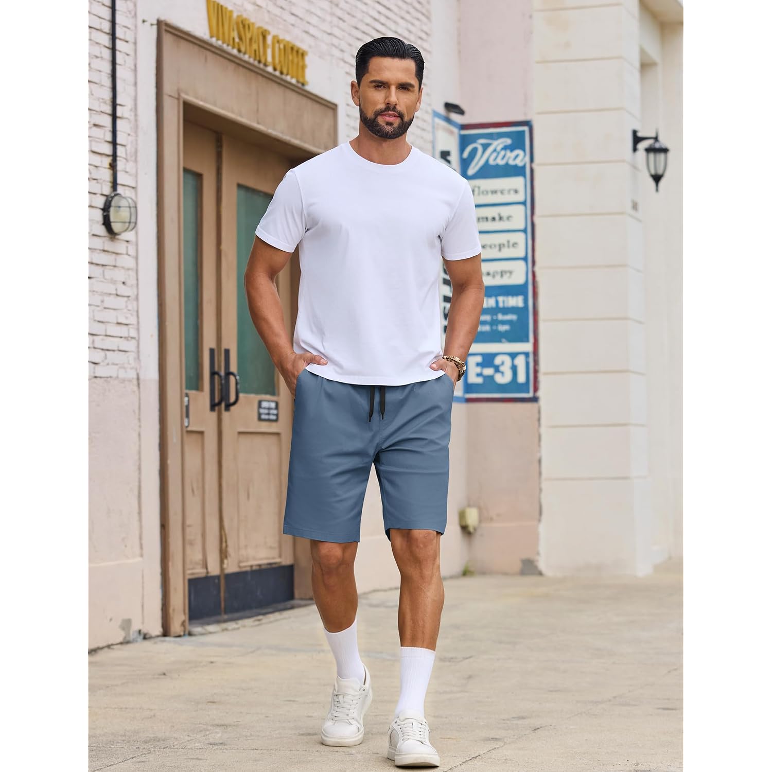 Coofandy Mens Casual Shorts Cotton Drawstring Elastic Waist Lightweight 9" Chino Golf Shorts Summer Beach Shorts
