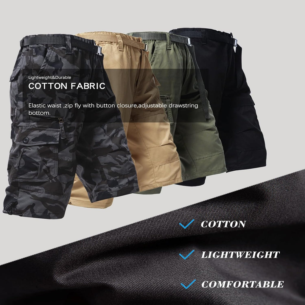 Men'S Cargo Shorts 3/4 Relaxed Fit Mens Running Shorts 7 Pockets Elastic Waist Cotton Hiking Shorts