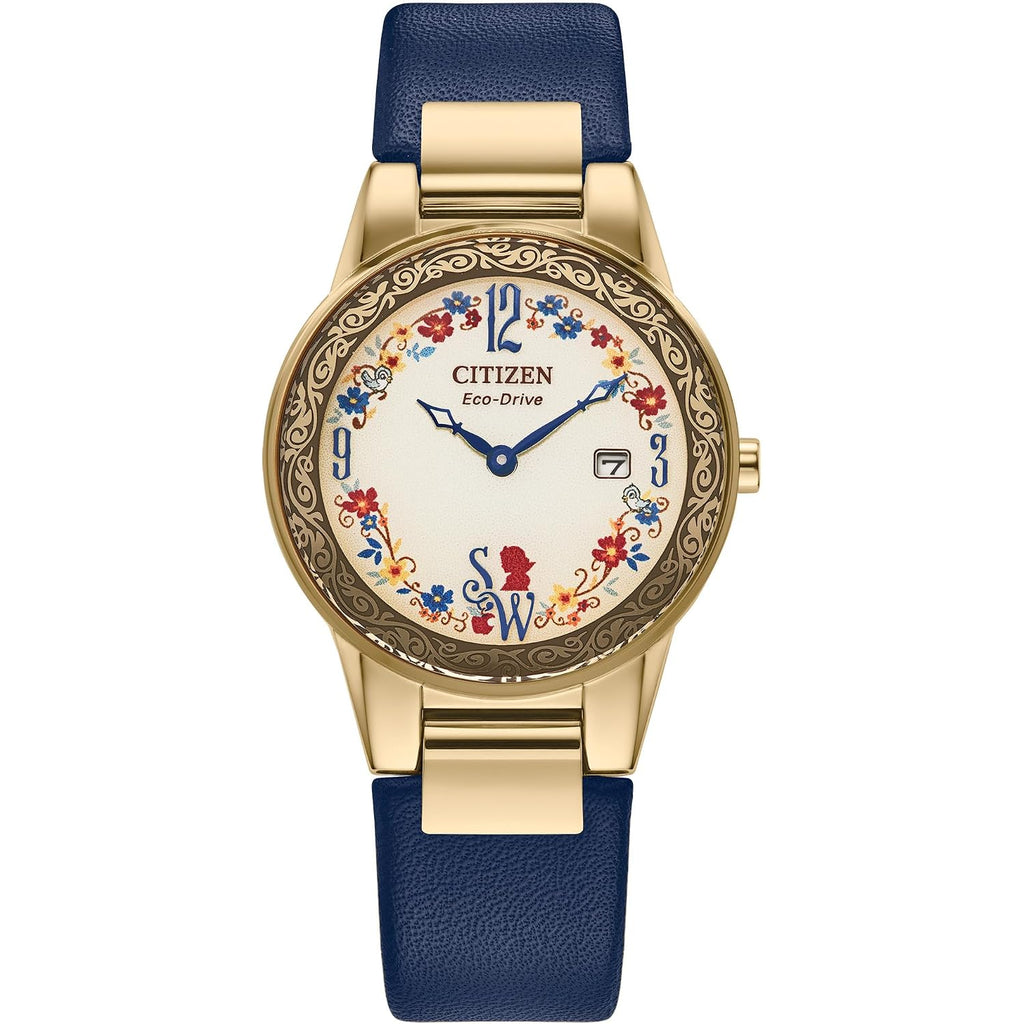Citizen Ladies' Eco-Drive Disney Princess Snow White Gold Stainless Steel Case With Blue Leather Strap Watch And Pin Gift Set, Pale Gold Dial, Date (Model: Ga1079-41W)