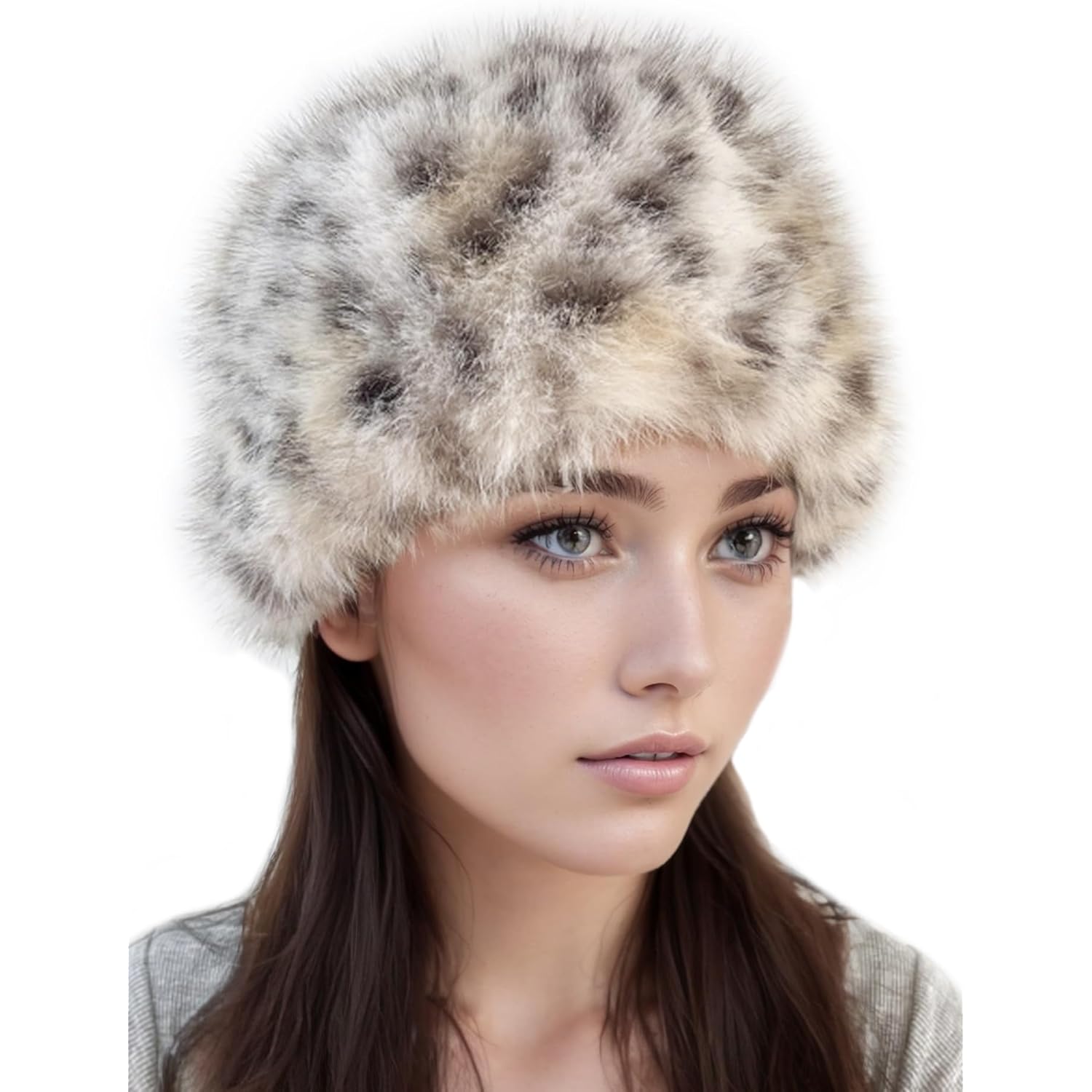 Women's Faux Fur Hat for Winter, Furry Cossack Russian Style Leopard Printed Warm Beanie Cap