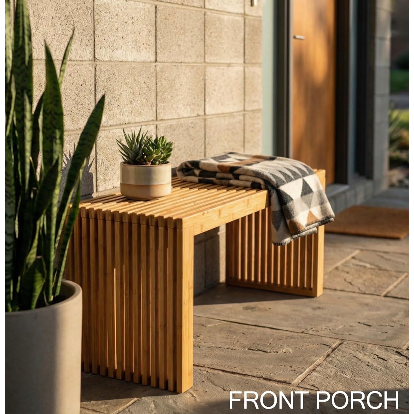 Bamboo Natural 36 Inch Wooden Bench, Small Wood Benches For Entryway, Living & Dining Room, Kitchen, Bedroom, Bathroom, Hallway, Front Door, For Indoor & Outdoor Patio Use, Mid Century Modern Decor