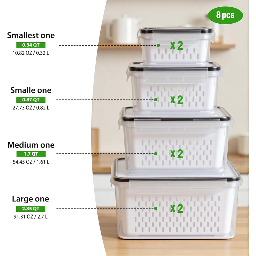 8 Pcs Fruit Storage Containers For Fridge, Leakproof Produce Containers | For Fridge With Removable Colander, Microwave/Dishwasher Safe Fruit Washing Bowl Keep Fruits, Vegetables, Berry Fresh Longer