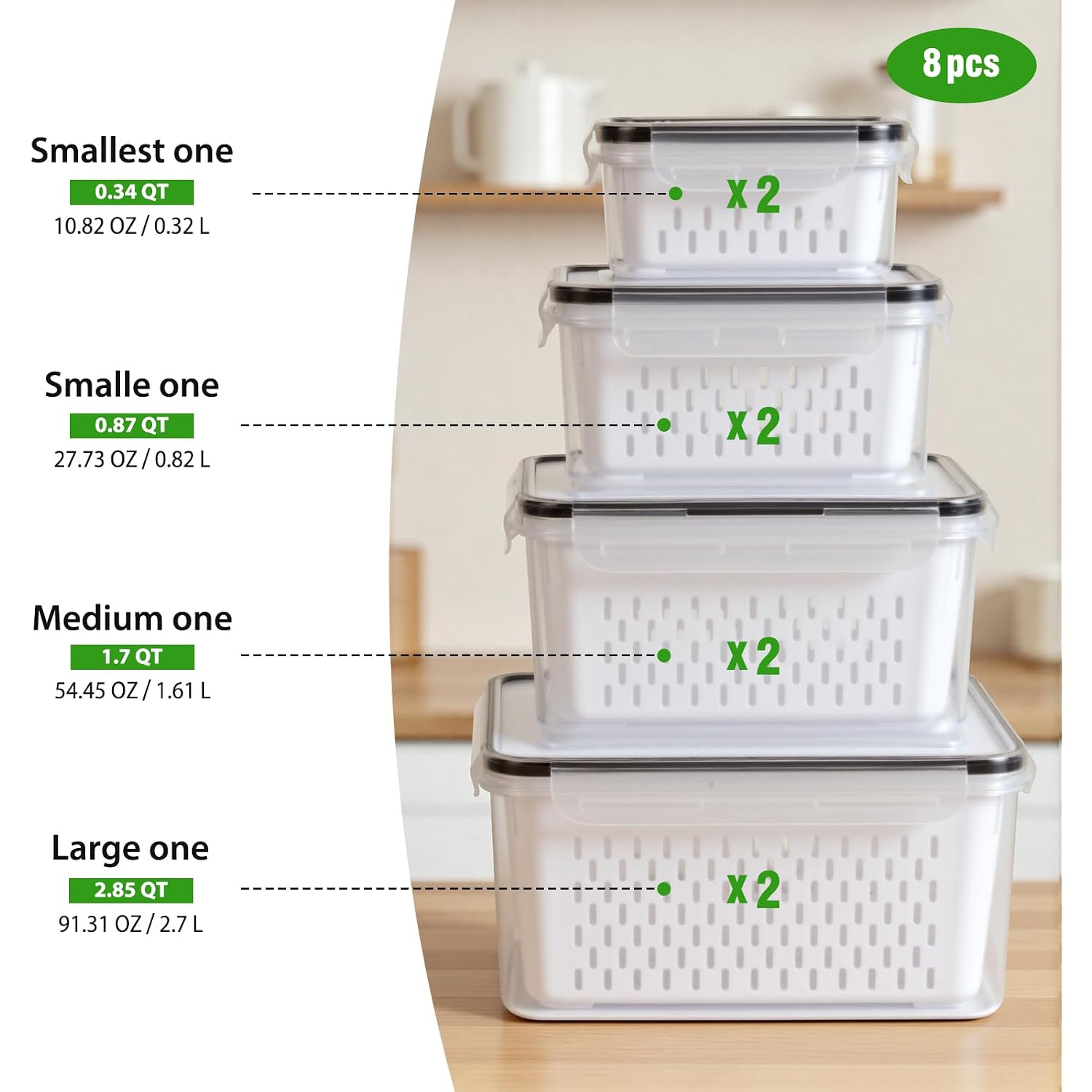 8 Pcs Fruit Storage Containers For Fridge, Leakproof Produce Containers | For Fridge With Removable Colander, Microwave/Dishwasher Safe Fruit Washing Bowl Keep Fruits, Vegetables, Berry Fresh Longer