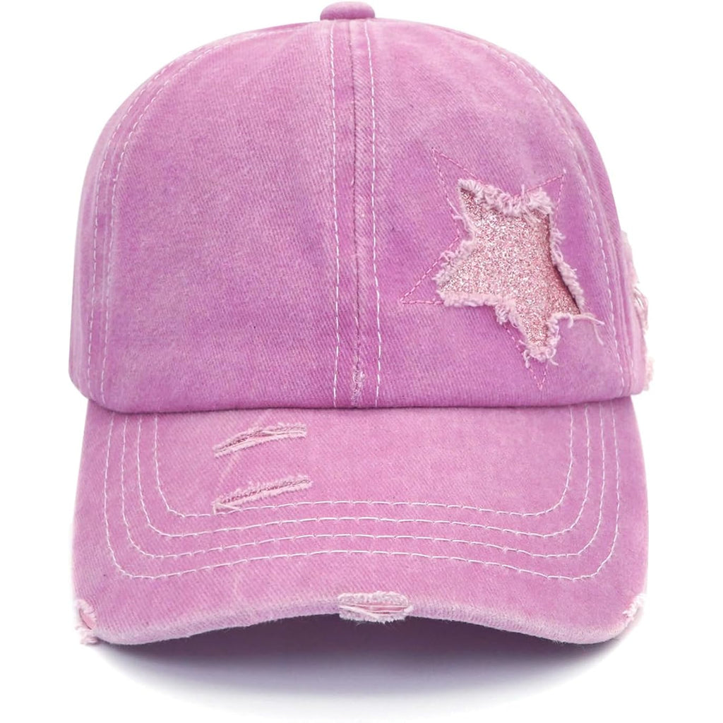 Initlove Ponytail Baseball Cap For Women Star High Messy Bun Caps Washed Cotton Distressed Hats