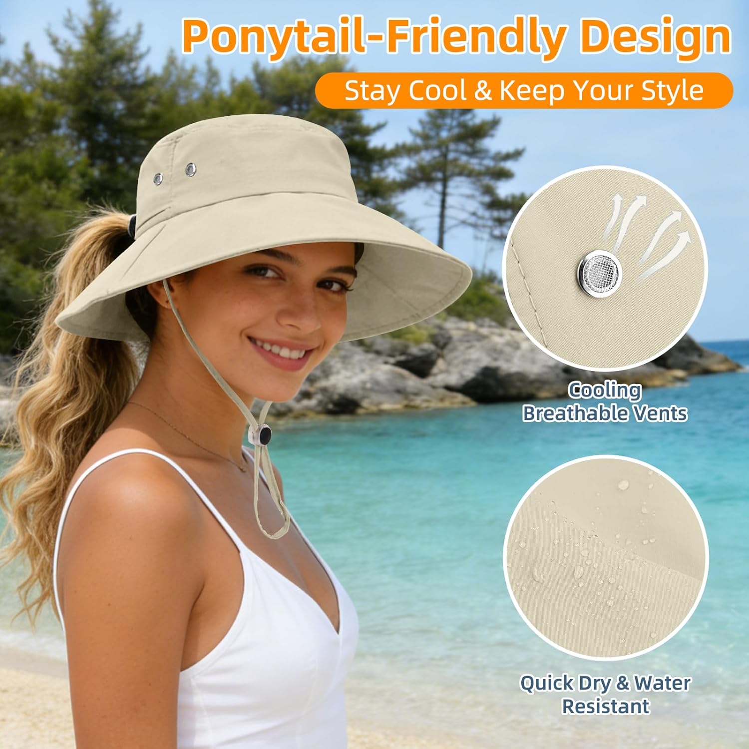 Sun Hats for Women Wide Brim Bucket Hat Ponytail, Fishing Hat UPF 50+ Packable for Beach Gardening with Fold-Up Brim