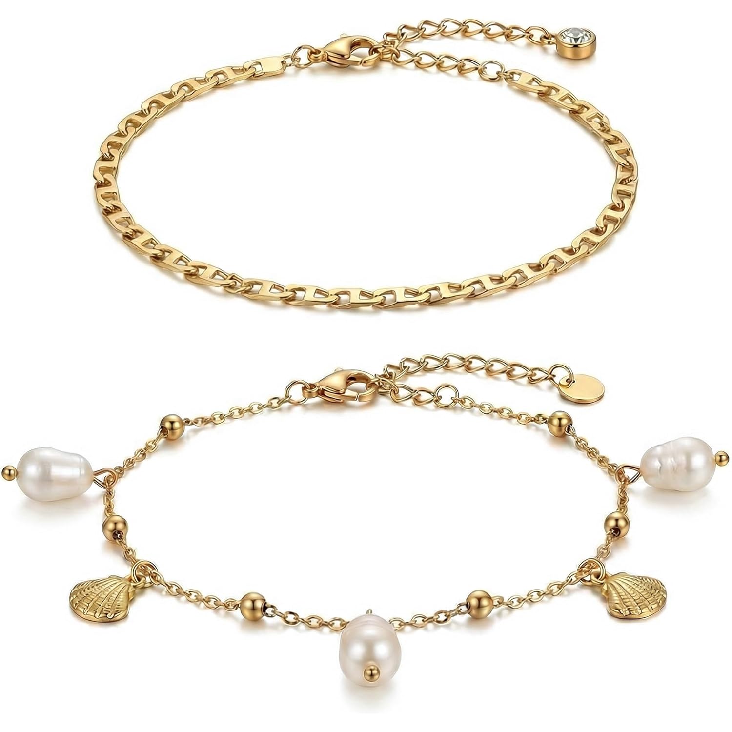 Dainty Gold Shell Pearl Ankle Bracelets for Women, Trendy Anklet Stack Charm Bracelet Adjustable Chain Summer Ocean Beach Accessories Fashion Jewelry Gift