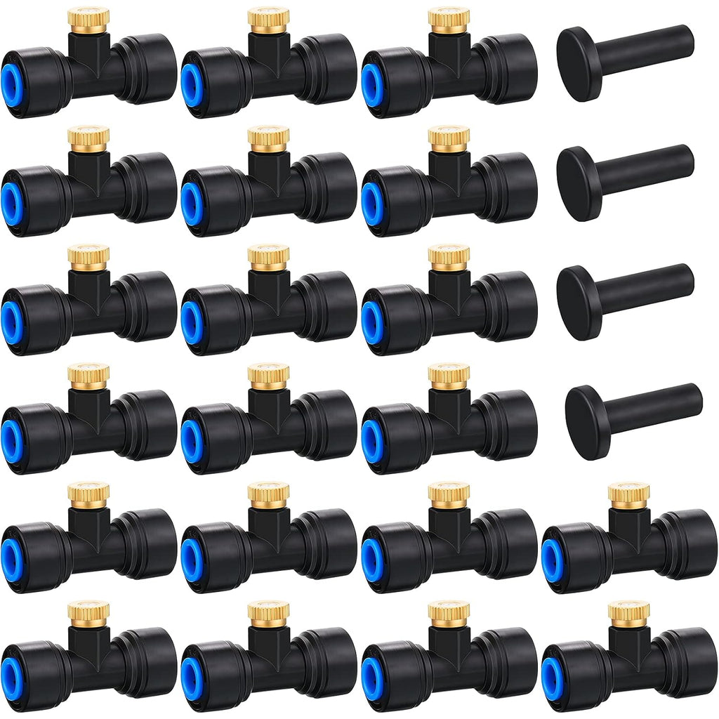 Hotop 20 Pieces Brass Misting Nozzles 1/4 Inch, Mister Replacement Nozzles Tees With Plugs For Outdoor Cooling System, Misting System Accessories For Patio, Greenhouse, Garden