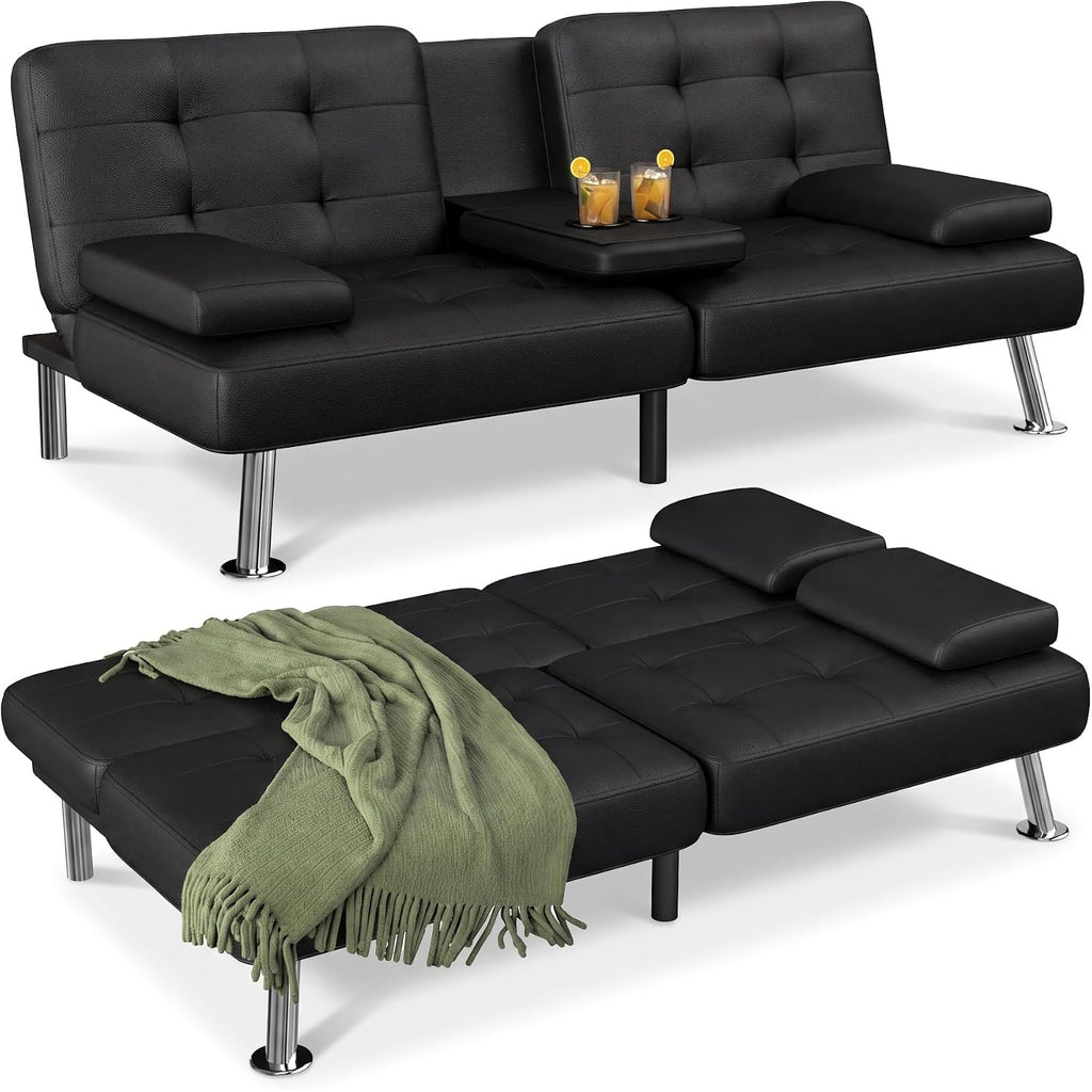 Flamaker Futon Sofa Bed Modern Folding Futon Set Convertible Recliner Lounge For Living Room With 2 Cup Holders, Removable Armrests (Pu Leather, Black)