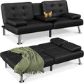 Flamaker Futon Sofa Bed Modern Folding Futon Set Convertible Recliner Lounge For Living Room With 2 Cup Holders, Removable Armrests (Pu Leather, Black)