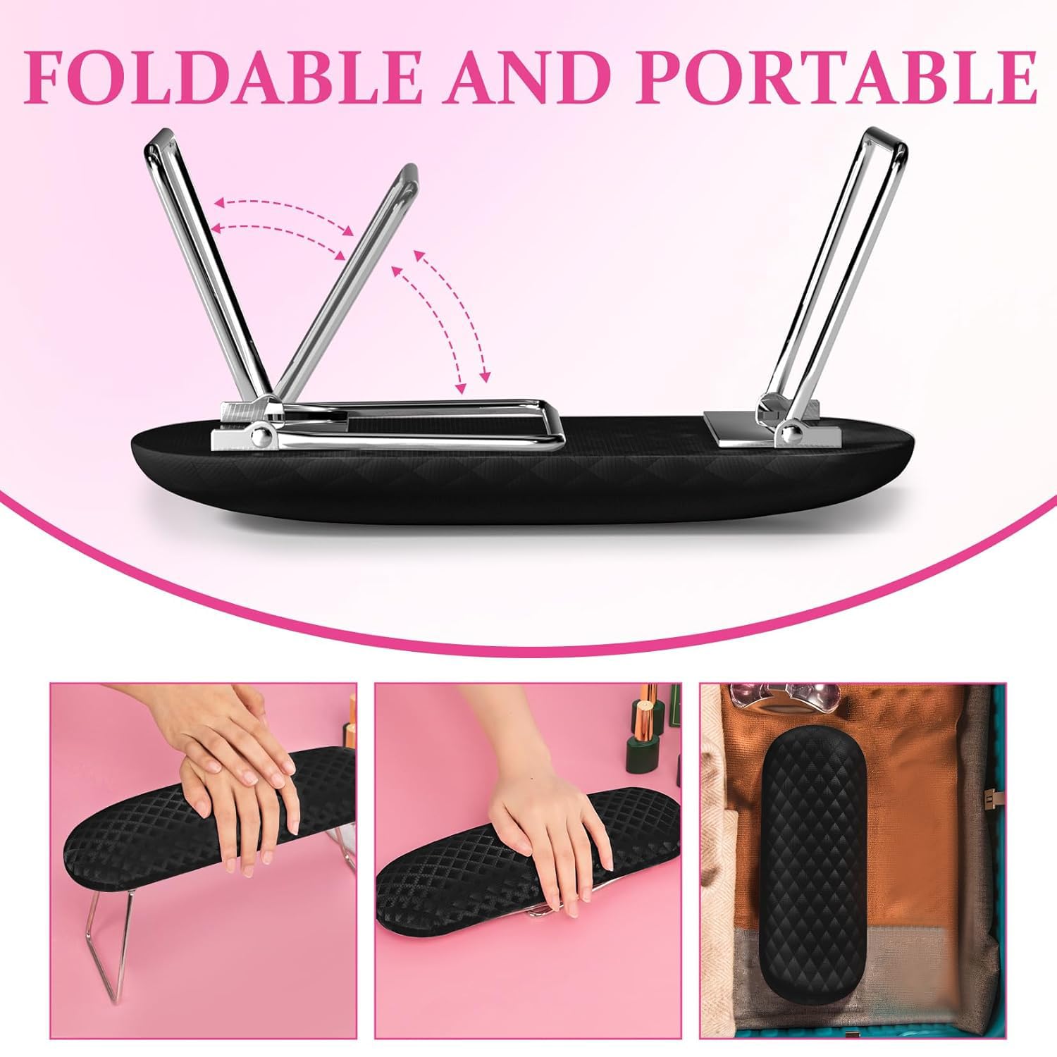 AORAEM Nail Arm Rest, Foldable Leather Nail Arm Rest with Non-slip Sleeve, Internal Sponge Filled Arm Rest Pillow with Metal Bracket, Nail Hand Rest for Home Use and Nail Salon Use (Black)